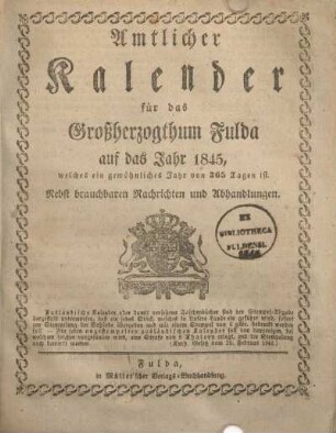 1845: Amtlicher Kalender für das Großherzogthum Fulda
