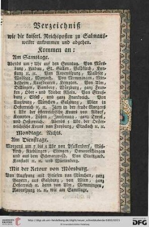 Verzeichniß, wie die kaiserl. Reichsposten zu Salmansweiler ankommen und abgehen