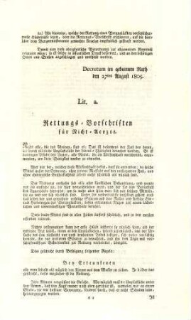 Schon vor fünfzig Jahren hatte der Magistrat der Reichs-Stadt Augsburg sich es angelegen seyn lassen, die nachdrücklichste Verordnungen zu Rettung der im Wasser oder sonst durch Erstickung verunglückten Menschen öffentlich bekannt zu machen ... : [Decretum im gebotenen Rath den 27ten August 1805.]