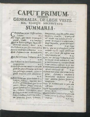 Caput Primum. Exhibens Generalia, De Lege Vestiria, Eiusque Necessitate.