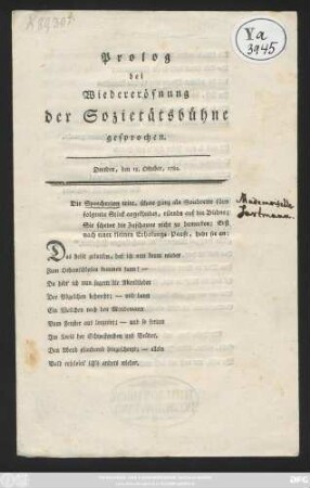 Prolog bei Wiedereröfnung der Sozietätsbühne gesprochen : Dresden, den 15. Oktober, 1784