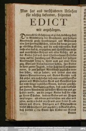 Man hat aus verschiedenen Ursachen für nöthig befunden, folgendes Edict mit anzuhängen.
