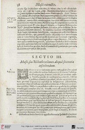 Sectio III: Musei, seu Bibliothecae limen aliquâ sententia inscribendum