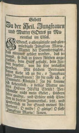 Gebett Zu der Heil. Jungfrauen und Mutter GOttes zu Marienthal im Elsaß