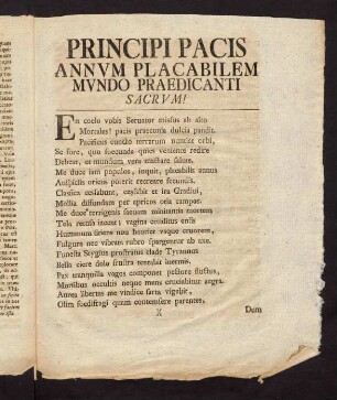 1r-2v, Principi Pacis Annvm Placabilem Mvndo Praedicanti.