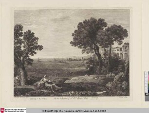 [Landschaft mit einer sitzenden Frau im linken Vordergrund, links daneben versteckt sich ein Mann hinter einem Baum, Segelschiffe im Hintergrund]