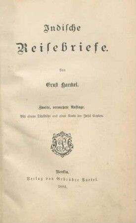Indische Reisebriefe : mit e. Titelbilde u. e. Kt. d. Insel Ceylon