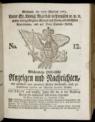 No. 12. Montags, den 25ten Martius 1765.