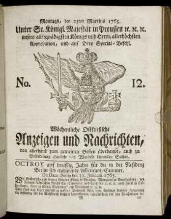 No. 12. Montags, den 25ten Martius 1765.