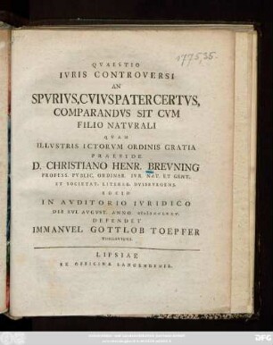 Qvaestio Ivris Controversi An Spvrivs, Cvivs Pater Certvs, Comparandvs Sit Cvm Filio Natvrali