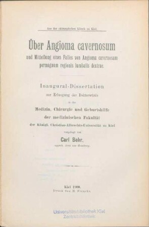 Über Angioma cavernosum und Mitteilung eines Falles von Angioma cavernosum permagnum regionis lumbalis dextrae