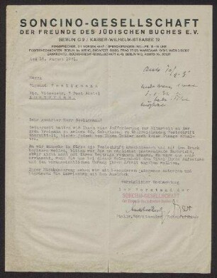 Brief vom Vorstand der Soncino-Gesellschaft an Sigmund Seeligmann (1873-1940)