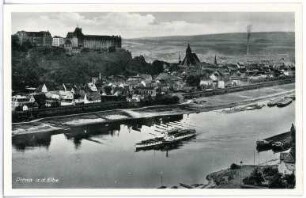 Pirna. Sonnenstein - Elbe mit Dampfer
