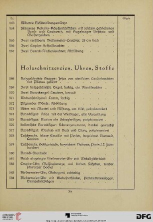 Holzschnitzereien, Uhren, Stoffe (Nr. 568-610)