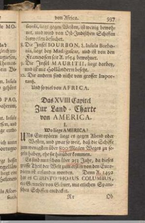 Das XVIII. Capitel. Zur Land-Charte von America.