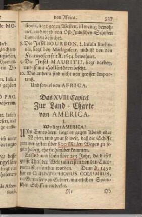 Das XVIII. Capitel. Zur Land-Charte von America.