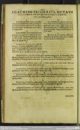 Joachimi-Friederici, Octavi Electoris Brandenburgici, Posteritas, ex Coniugibus ...