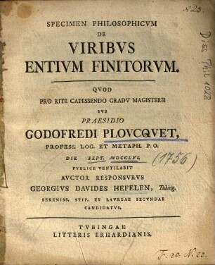 Specimen Philosophicvm De Viribvs Entivm Finitorvm