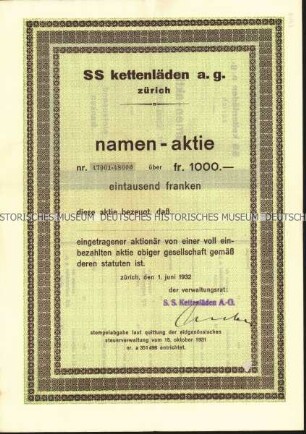 Namensaktie der SS Kettenläden A.G. Zürich über 1000 Schweizer Franken mit Kupons