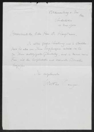 Brief von Walther Lampe an Gerhart Hauptmann