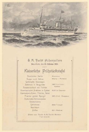 Menükarte : Kaiserliche Frühstückstafel, S.M. Yacht Hohenzollern