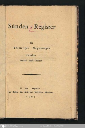 Sünden-Register der Ehemaligen Regierungen zwischen Maasz und Rhein