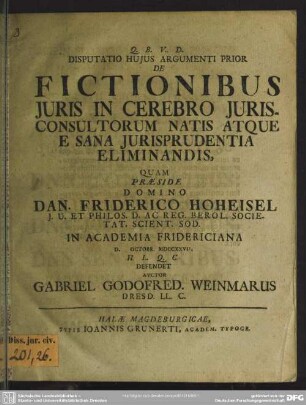 Disputatio Huius Argumenti Prior De Fictionibus Iuris In Cerebro Iurisconsultorum Natis Atque E Sana Iurisprudentia Eliminandis