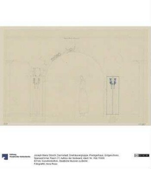 Darmstadt, Dreihäusergruppe, Predigerhaus, Erdgeschoss, Speisezimmer, Raum 31, Aufriss der Südwand