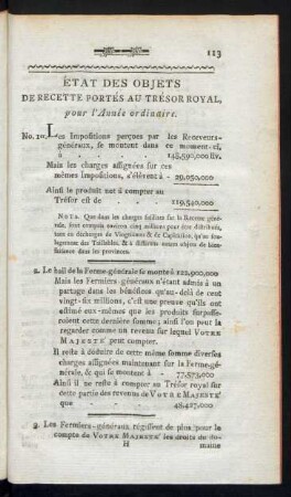 Etat des Objets De Recette Portes au Tresor Royal. pour l' Anée ordinaire