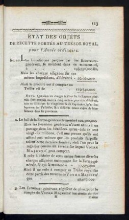 Etat des Objets De Recette Portes au Tresor Royal. pour l' Anée ordinaire