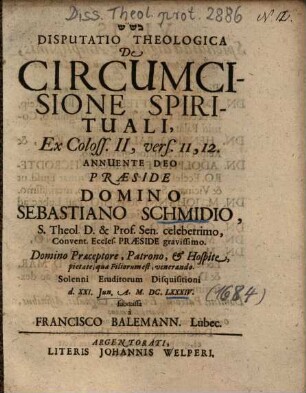Disputatio Theologica De Circumcisione Spirituali, Ex Coloss. II, vers. 11, 12.