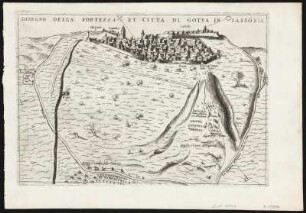 Vogelschaubild von Gotha, Kupferstich, um 1567 : Disegno della Fortezza et Citta di Gotta in Sassonia. - Nicht maßstäbig. - [Venetia] : [Forlani], [um 1567]. - 1 Vogelschaubild : Kupferstich ; 20 x 29 cm // Gesamtansicht aus der halben Vogelschau mit eingezeichneten Belagerungstruppen und -lagern im Vordergrund