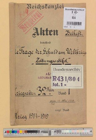 Erster Weltkrieg.- Frage der Kriegsschuld: Bd. 1a