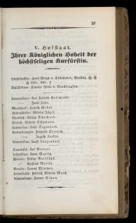 V. Hofstaat Ihrer königlichen Hoheit der höchstseligen Kurfürstin.