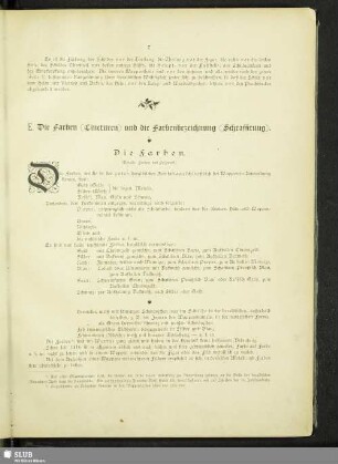 E. Die Farben (Tincturen) und die Farbenbezeichnung (Schraffirung)