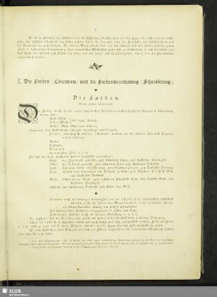 E. Die Farben (Tincturen) und die Farbenbezeichnung (Schraffirung)