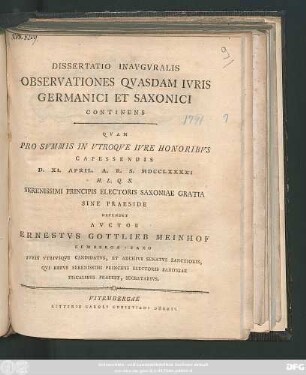 Dissertatio Inavgvralis Observationes Qvasdam Ivris Germanici Et Saxonici Continens