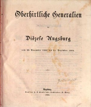 Oberhirtliche Generalien der Diözese Augsburg vom ... bis ..., 1858/64 (1864)