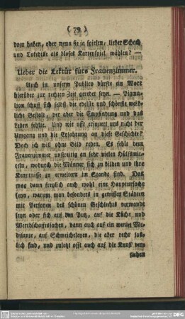 Ueber die Lektür fürs Frauenzimmer [III. Vermischte Aufsätze]