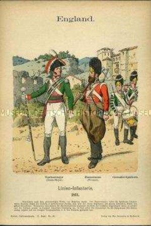 Uniformdarstellung, Tambour-Major, Zimmermann und Grenadier-Spielleute der Linien-Infanterie, Königreich Großbritannien, 1811.