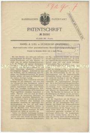Patentschrift über hydraulische oder pneumatische Gestängeausgleichung, Patent-Nr. 30581