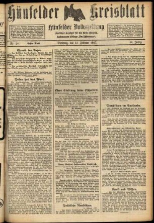 Erste Ausgabe vom Dienstag, den 15. Februar 1927.