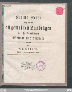Kleine Reden bey denen allgemeinen Landtägen der Fürstenthümer Weimar und Eisenach