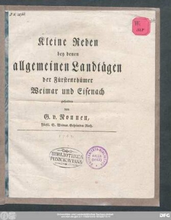 Kleine Reden bey denen allgemeinen Landtägen der Fürstenthümer Weimar und Eisenach