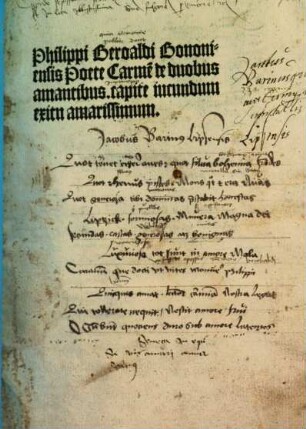 Philippi Beroaldi Bononiensis Poete Carme[n] de duobus amantibus : capite iucundum exitu amarissimum