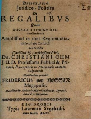 Diss. iur. pol. de regalibus