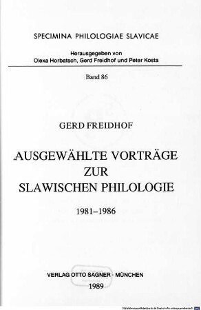 Ausgewählte Vorträge zur slawischen Philologie. [2], 1981 - 1986