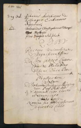 Winterhalbjahr 1760/1761. Rektorat (Prorektor) Johann(es) Friedrich Mögling