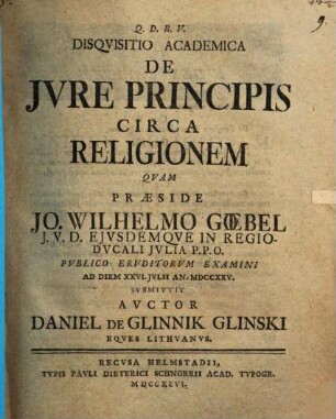 Disquisitio acad. de iure principis circa religionem
