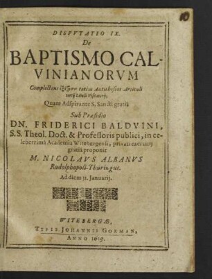 Disputatio IX. De Baptismo Calvinianorum